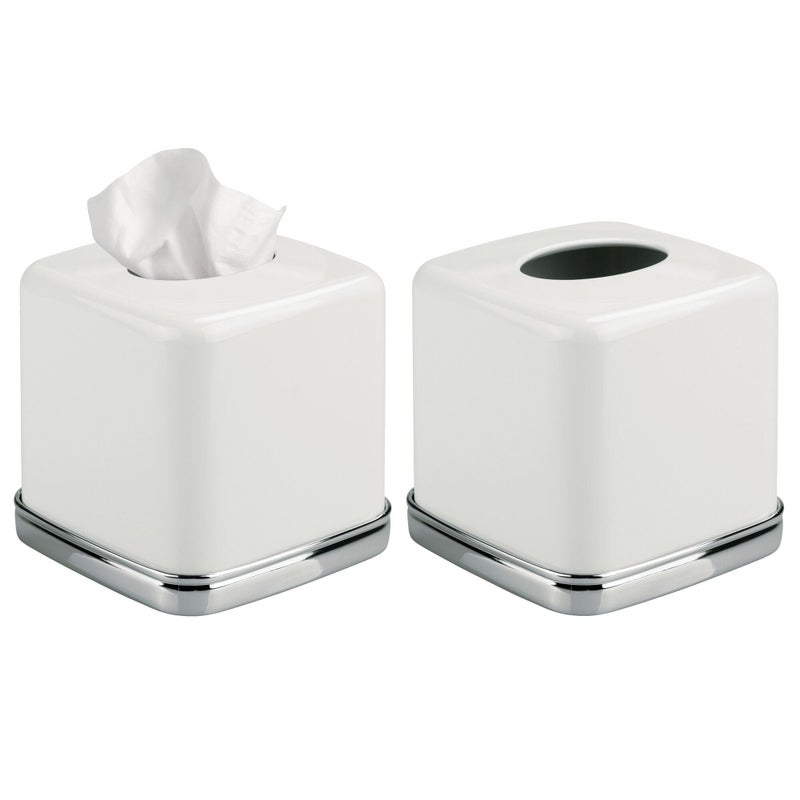 InterDesign iDesign Square Tissue Box Cover for Bathroom Vanity, Countertop, or Bedroom - Set of 2 - White/Chrome - Image 1
